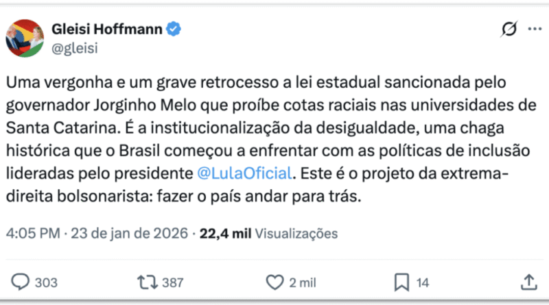 Gleisi critica legislação de Santa Catarina que proíbe cotas raciais em universidades