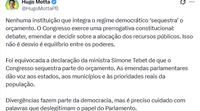 Motta defende emendas como forma de garantir equilíbrio entre os poderes em resposta a Tebet
