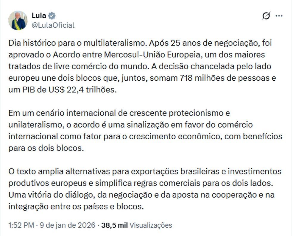 Para Lula, trata-se de um "dia histórico" para o multilateralismo.