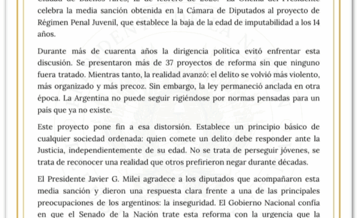 Câmara da Argentina aprova redução da maioridade penal de 16 para 14 anos