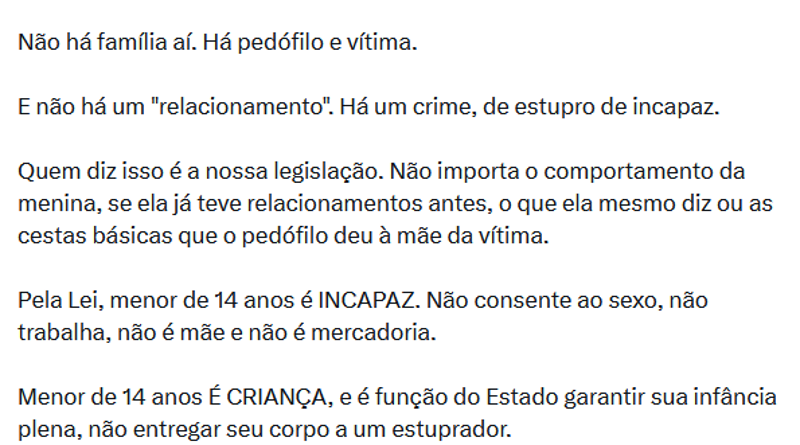 Erika solicita intervenção do CNJ após TJ reconhecer união entre homem de 35 anos e menina de 12