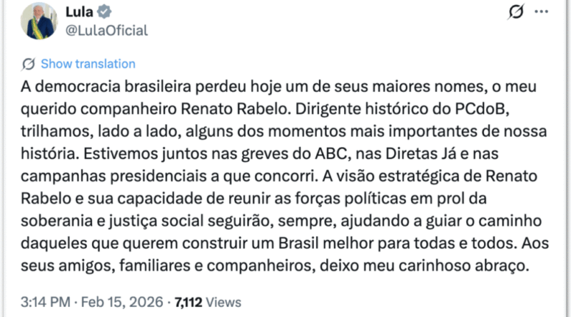 Ex-presidente do PC do B, Renato Rabelo, falece