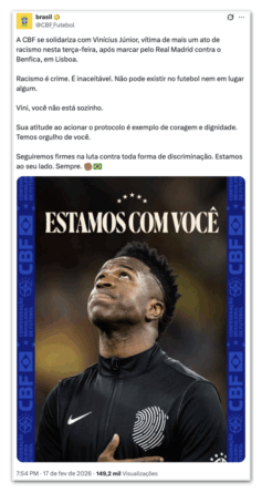 Gilmar Mendes manifesta apoio a Vini Jr. e afirma que racismo não será tolerado