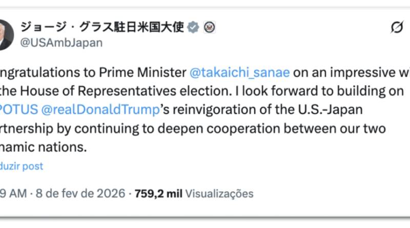 Líderes mundiais congratulam Takaichi pela vitória no Japão
