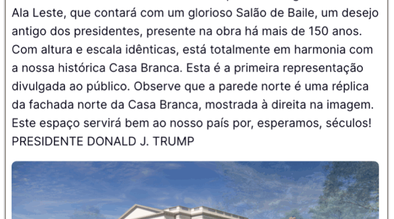 Trump apresenta projeto para novo salão de baile na Casa Branca
