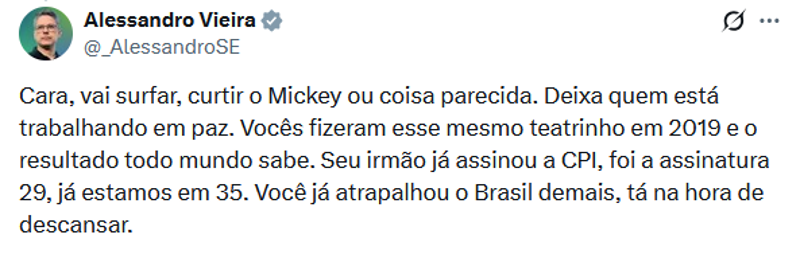 Alessandro Vieira comenta sobre visita a Mickey em conversa com Eduardo Bolsonaro