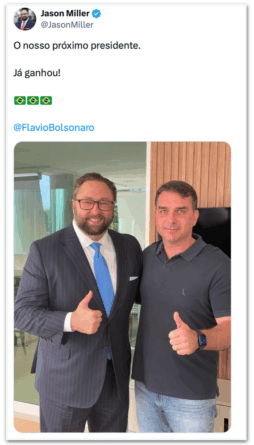 Conselheiro de Trump é fotografado com Flávio e o chama de próximo presidente