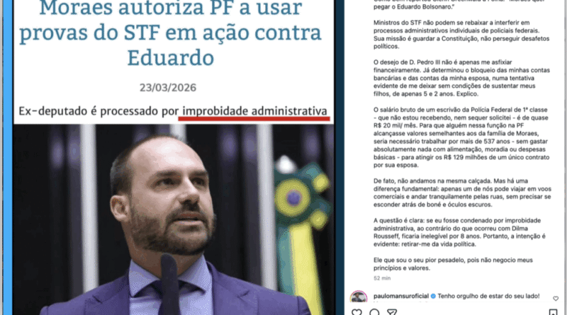 Eduardo Bolsonaro denuncia bloqueio de contas por Alexandre de Moraes