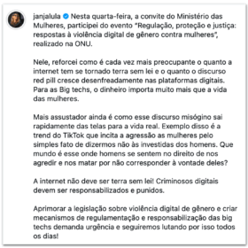 Janja aborda na ONU a violência digital contra mulheres