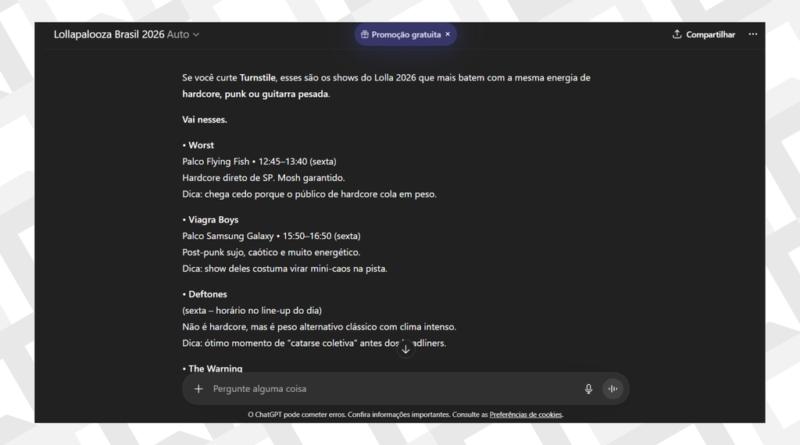 OpenAI lança ChatGPT como guia oficial de inteligência artificial para o Lollapalooza Brasil