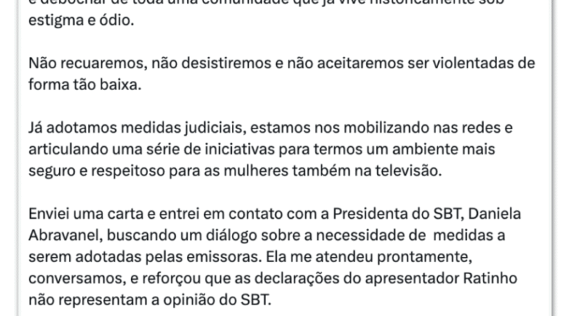 Presidente do SBT se desculpa com Erika Hilton por declaração de Ratinho