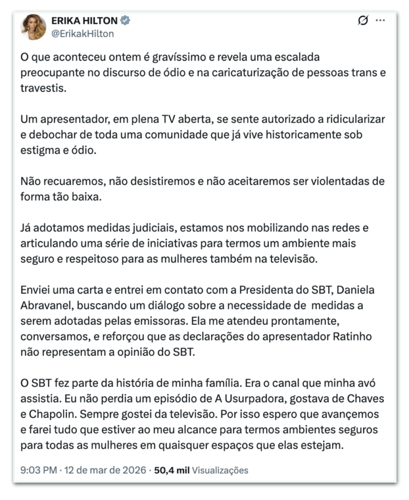Presidente do SBT se desculpa com Erika Hilton por declaração de Ratinho
