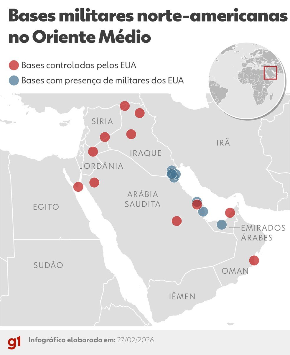 Mapa mostra as bases militares dos EUA no Oriente Médio.