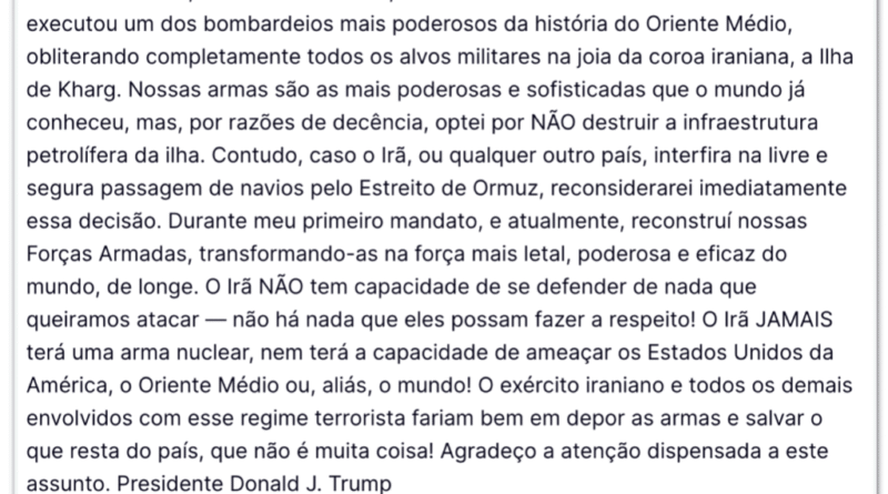 Trump afirma ter atacado ilha responsável por 90% das exportações de petróleo do Irã