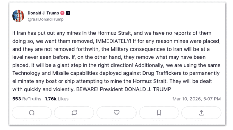 Trump faz ameaças ao Irã após relatos de minas no Estreito de Ormuz