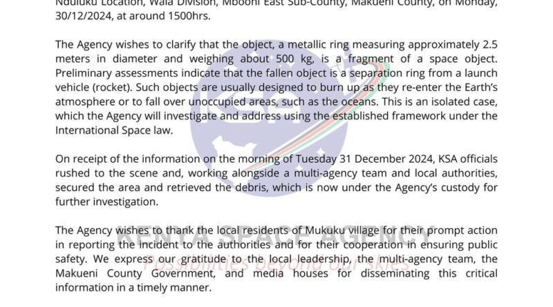 Anel metálico de meia tonelada cai no Quênia e origem permanece desconhecida mais de um ano depois