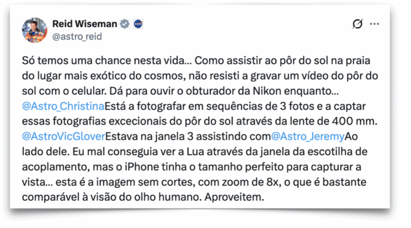 Astronauta da Artemis 2 compartilha vídeo do espaço gravado com celular