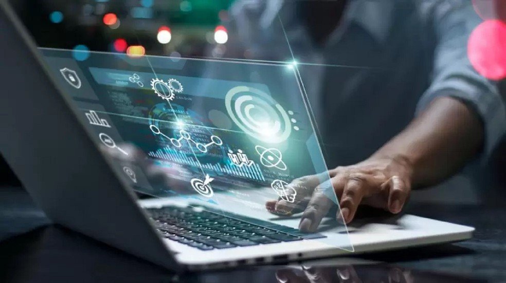 Professor e alunos utilizando inteligência artificial, ilustrando a nova rotina acadêmica.