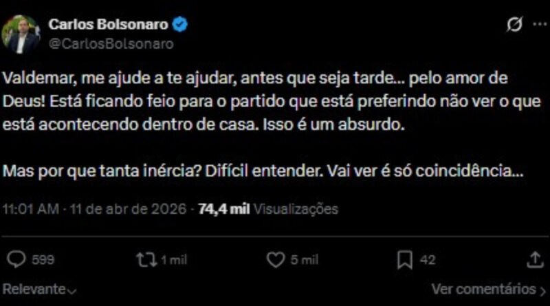 Carlos Bolsonaro critica liderança do PL e exige ação imediata