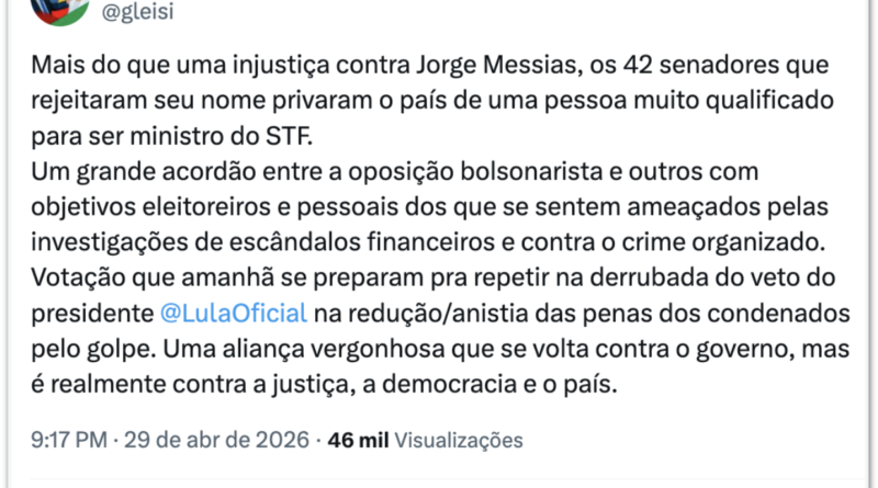 Governistas consideram injusta e grave a rejeição do Senado a Messias