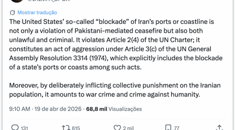 Irã considera bloqueio naval dos EUA como violação do cessar-fogo