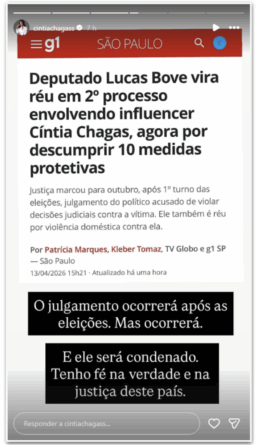 Lucas Bove se torna réu em segundo processo relacionado a Cíntia Chagas