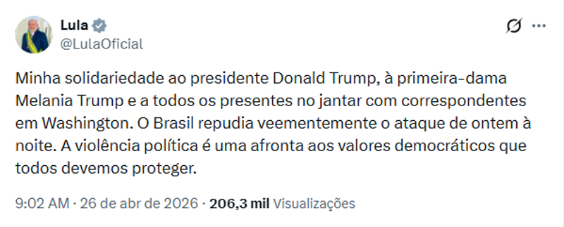Lula expressa solidariedade a Trump após ataque durante jantar nos EUA