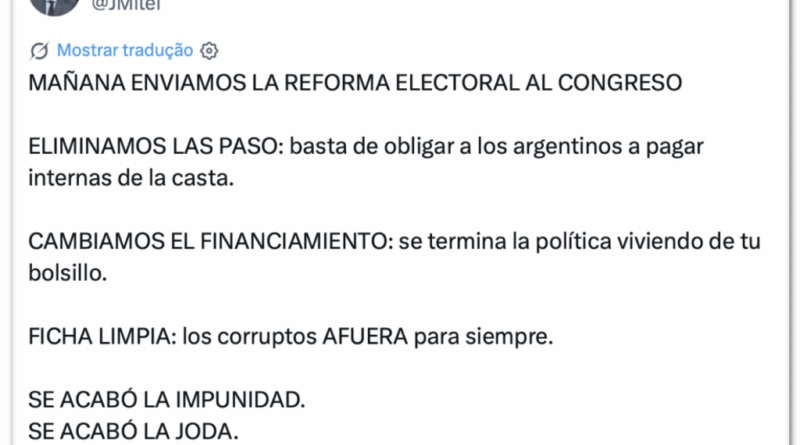 Milei propõe reforma eleitoral que elimina primárias e Ficha Limpa