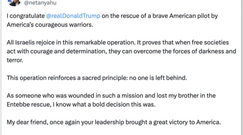 Netanyahu parabeniza Trump pelo resgate de piloto no Irã
