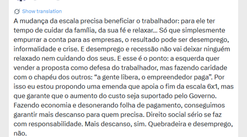 Nikolas sugere compensação a empresas com o fim da escala 6x1