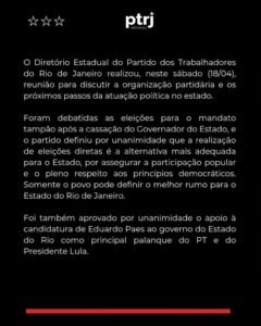 PT do Rio oficializa apoio a Paes e anuncia Benedita como candidata ao Senado