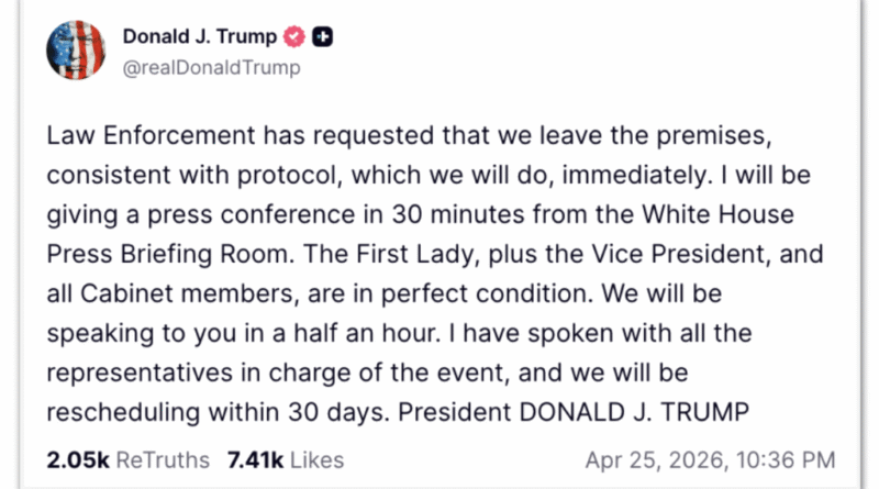 Trump afirma que atirador foi preso após evacuação durante jantar