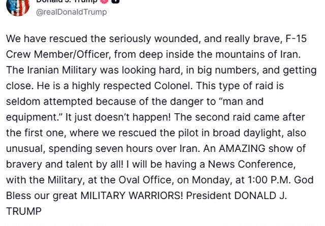 Trump afirma que Irã 'teve sorte' ao derrubar F-15 e revela medo de armadilha no resgate do piloto