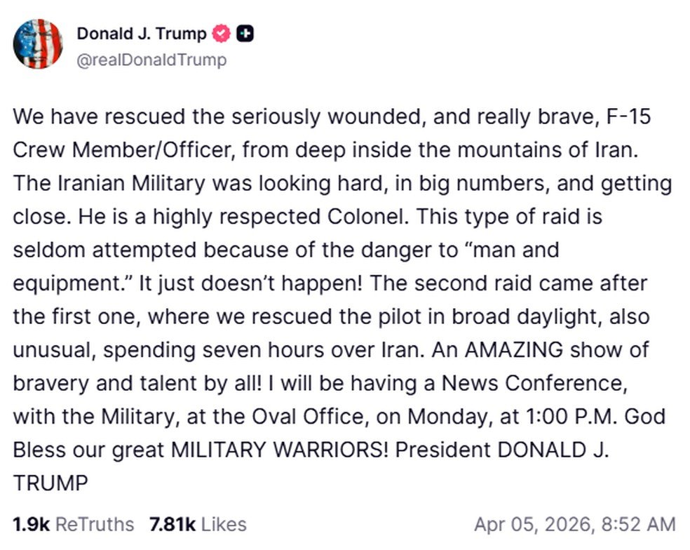 Presidente dos EUA, Donald Trump, dá detalhes sobre resgate de piloto no Irã em 5 de abril de 2026.
