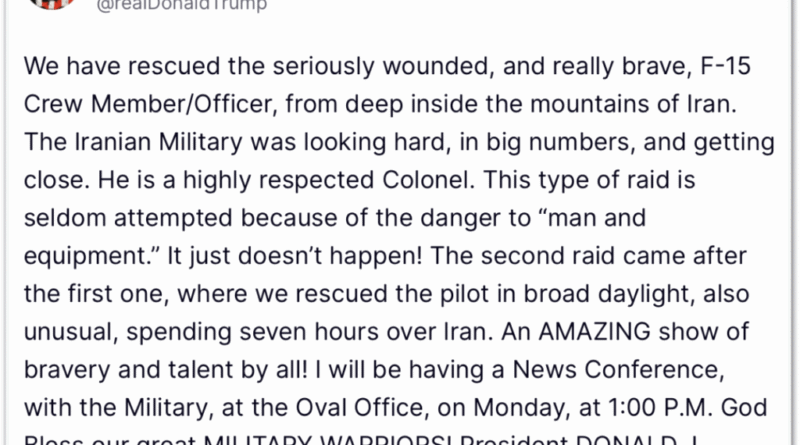 Trump elogia coragem de piloto resgatado, que está gravemente ferido