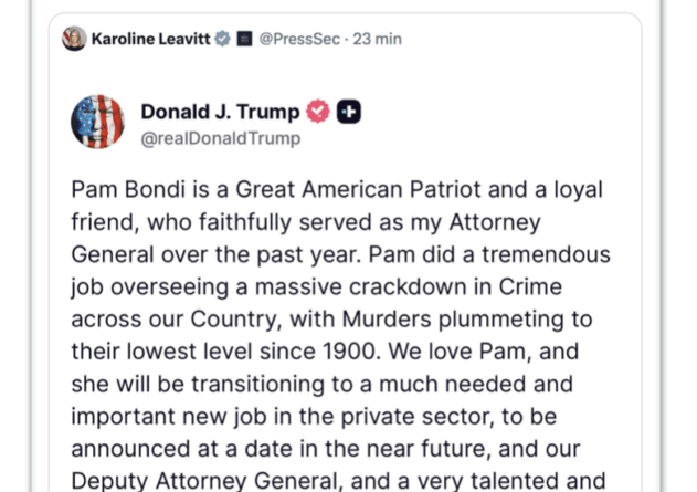 Trump exonera Pam Bondi do cargo de procuradora-geral dos Estados Unidos