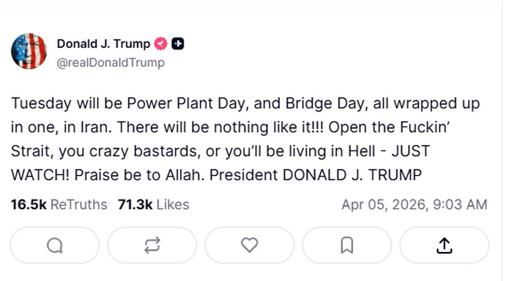 Em mensagem, Trump usa xingamentos e ameaça a desatar inferno sobre Irã, caso o regime não reabra o Estreito de Ormuz