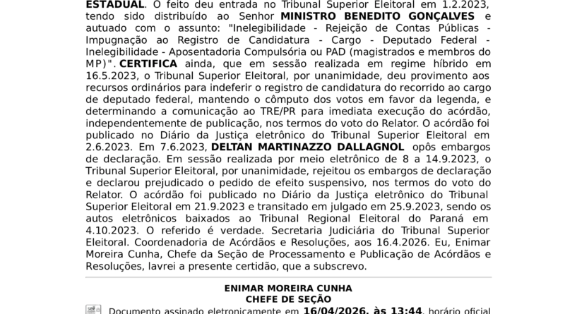 TSE ratifica inelegibilidade de Deltan Dallagnol em 2022