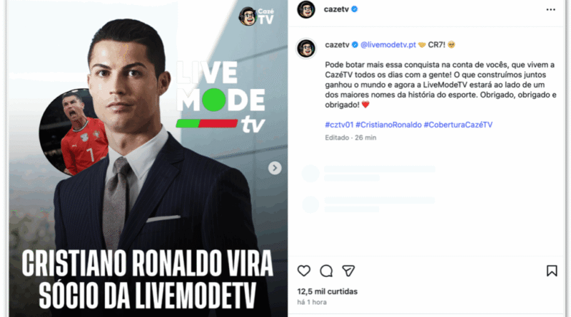 Cristiano Ronaldo adquire participação acionária na LiveModeTV, associada à CazéTV