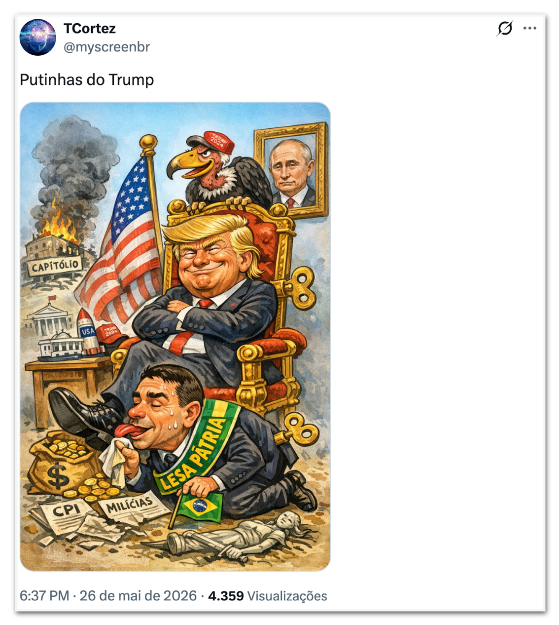 Flávio Bolsonaro lambendo as botas de Trump
