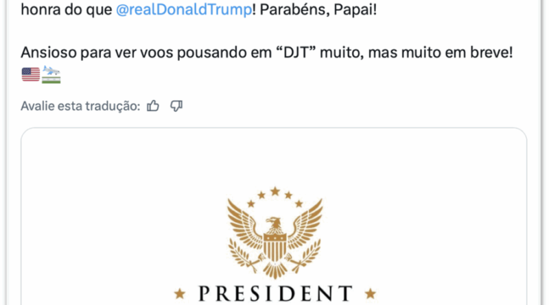Filho de Trump divulga logotipo de aeroporto em homenagem ao pai