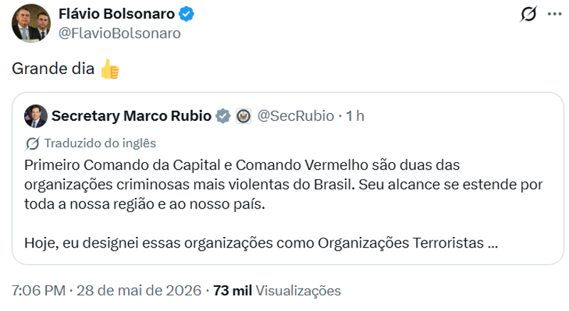 Flávio celebra decisão dos EUA ao classificar facções como terroristas