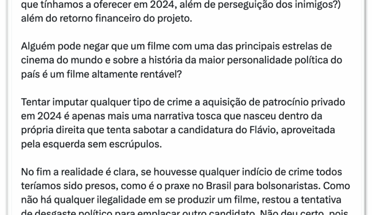 Frias afirma que orçamento do filme de Bolsonaro foi inferior ao previsto