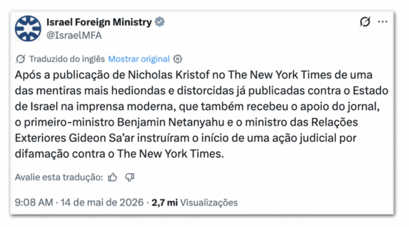 Israel anuncia processo de difamação contra o The New York Times
