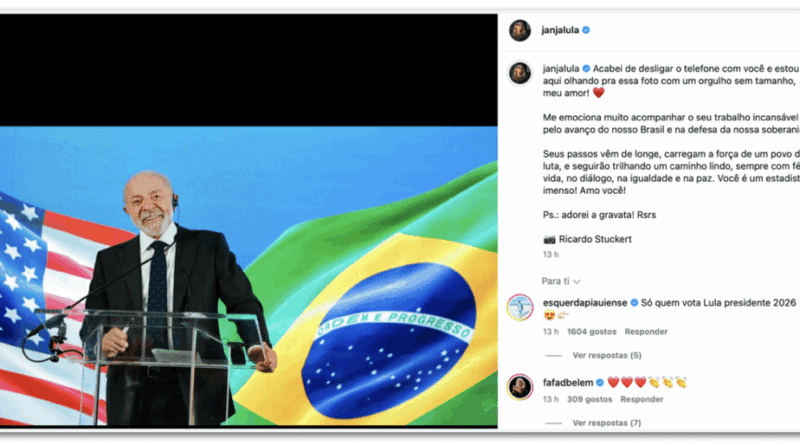 Janja expressa orgulho após encontro entre Lula e Trump