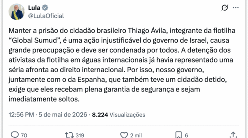Lula pede liberação de brasileiro detido por Israel em flotilha