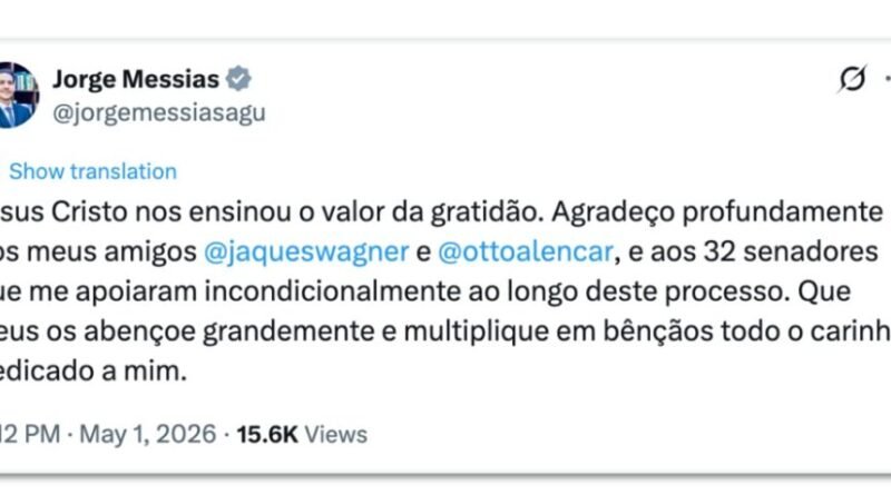 Messias expressa gratidão a Jaques Wagner após derrota no Senado