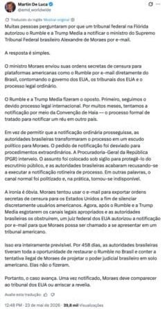 Moraes pode contestar citação em processo nos Estados Unidos