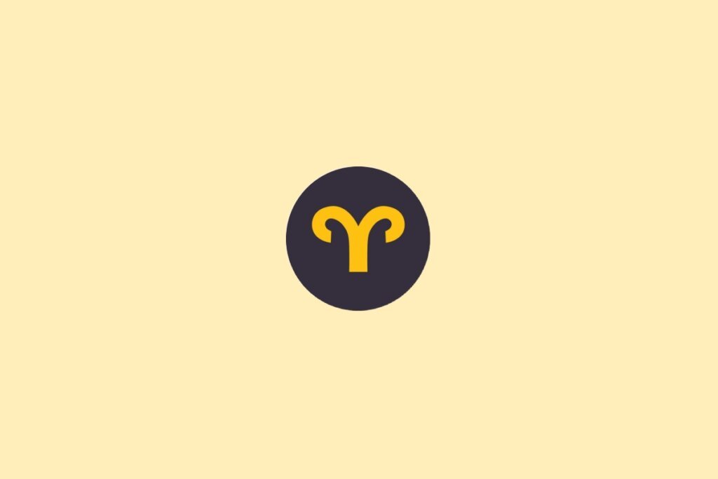 Um símbolo do signo de Áries em amarelo, dentro de um círculo escuro, sobre um fundo claro bege