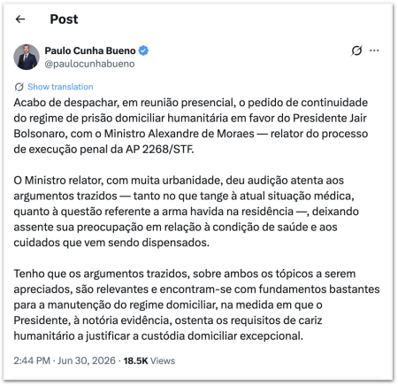 Advogado de Bolsonaro solicita permanência em prisão domiciliar